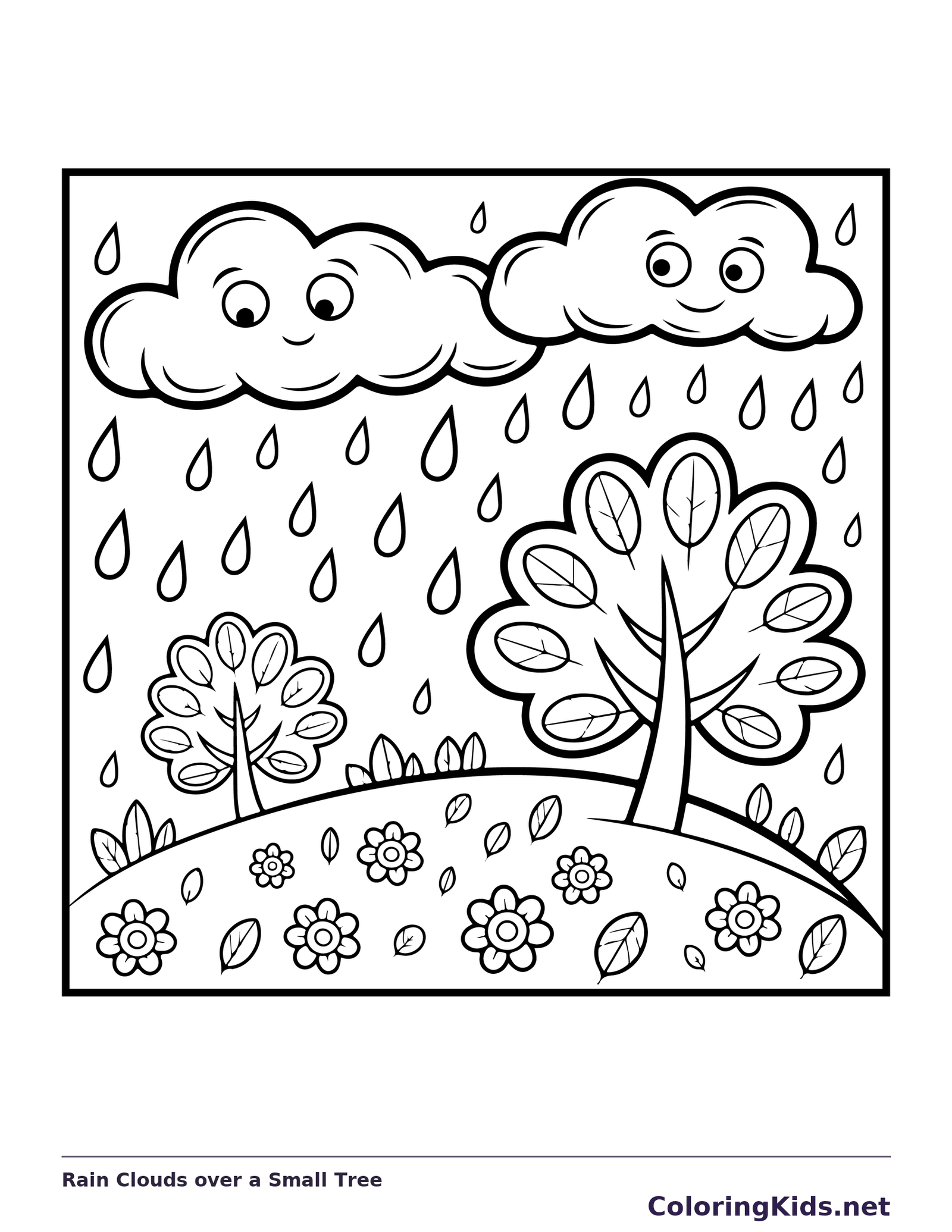 Black and white printable rain clouds over a small tree coloring sheet