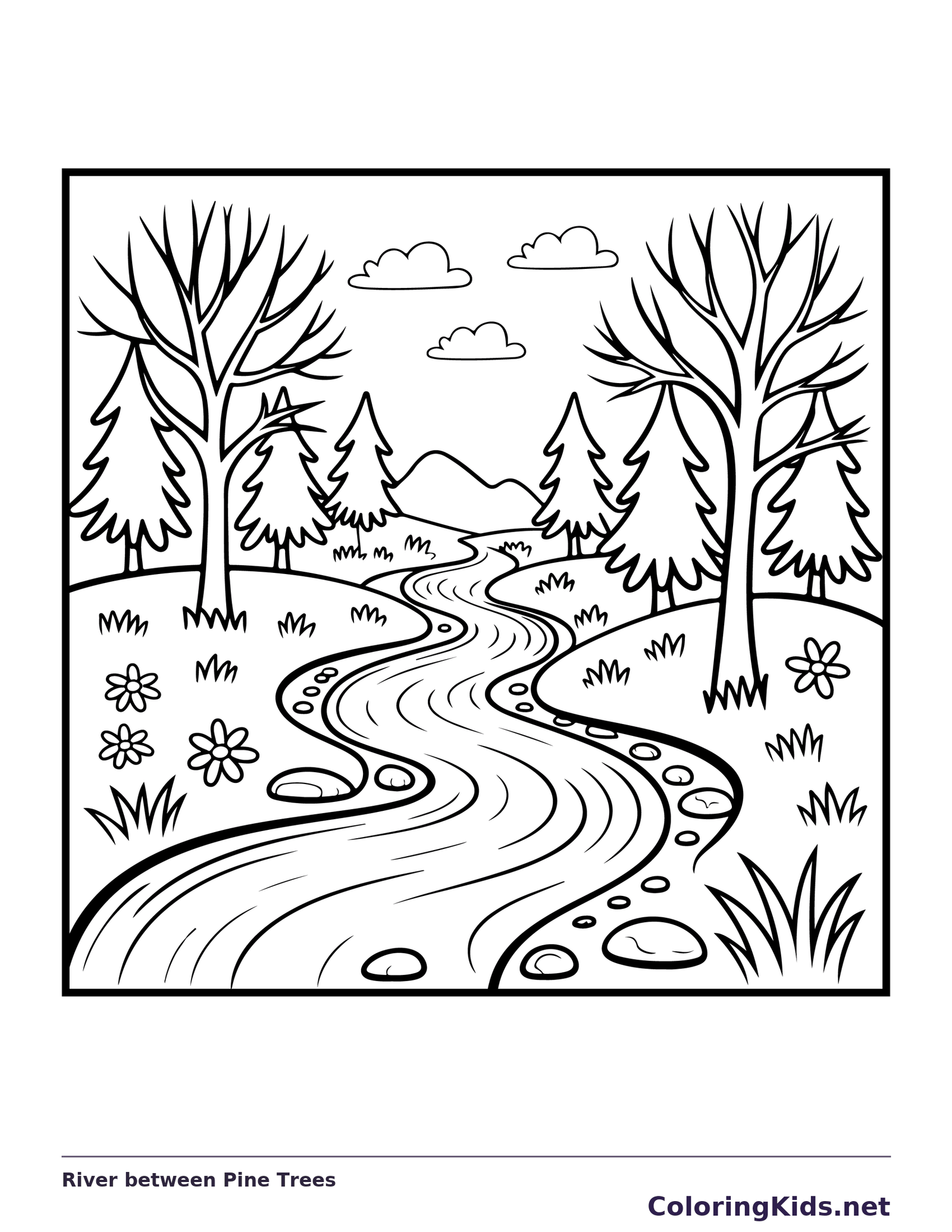 Black and white printable river between pine trees coloring sheet