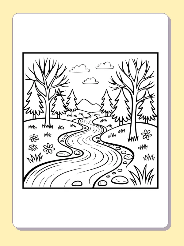 Black and white printable river between pine trees coloring sheet