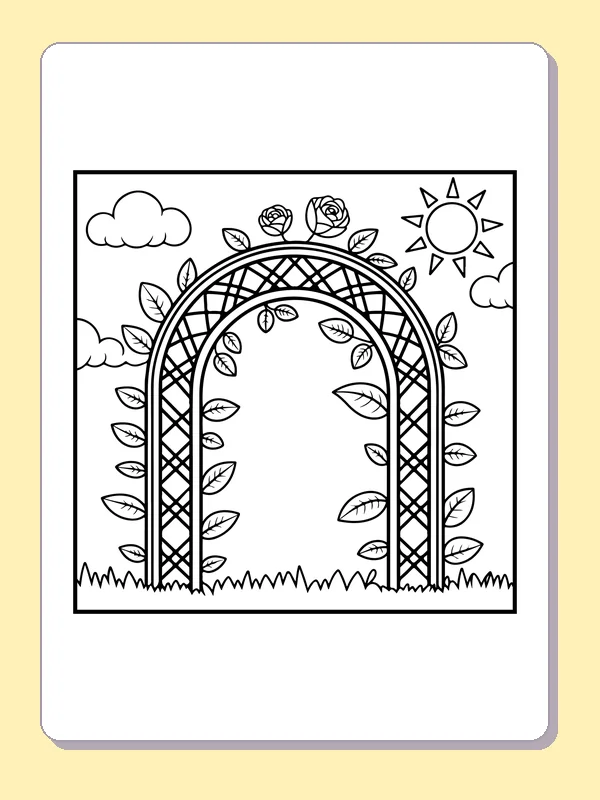 Black and white printable rose arch at a garden entrance coloring sheet