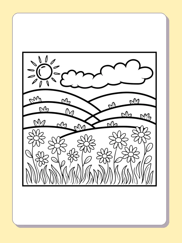 Black and white printable sunny meadow with daisies coloring sheet