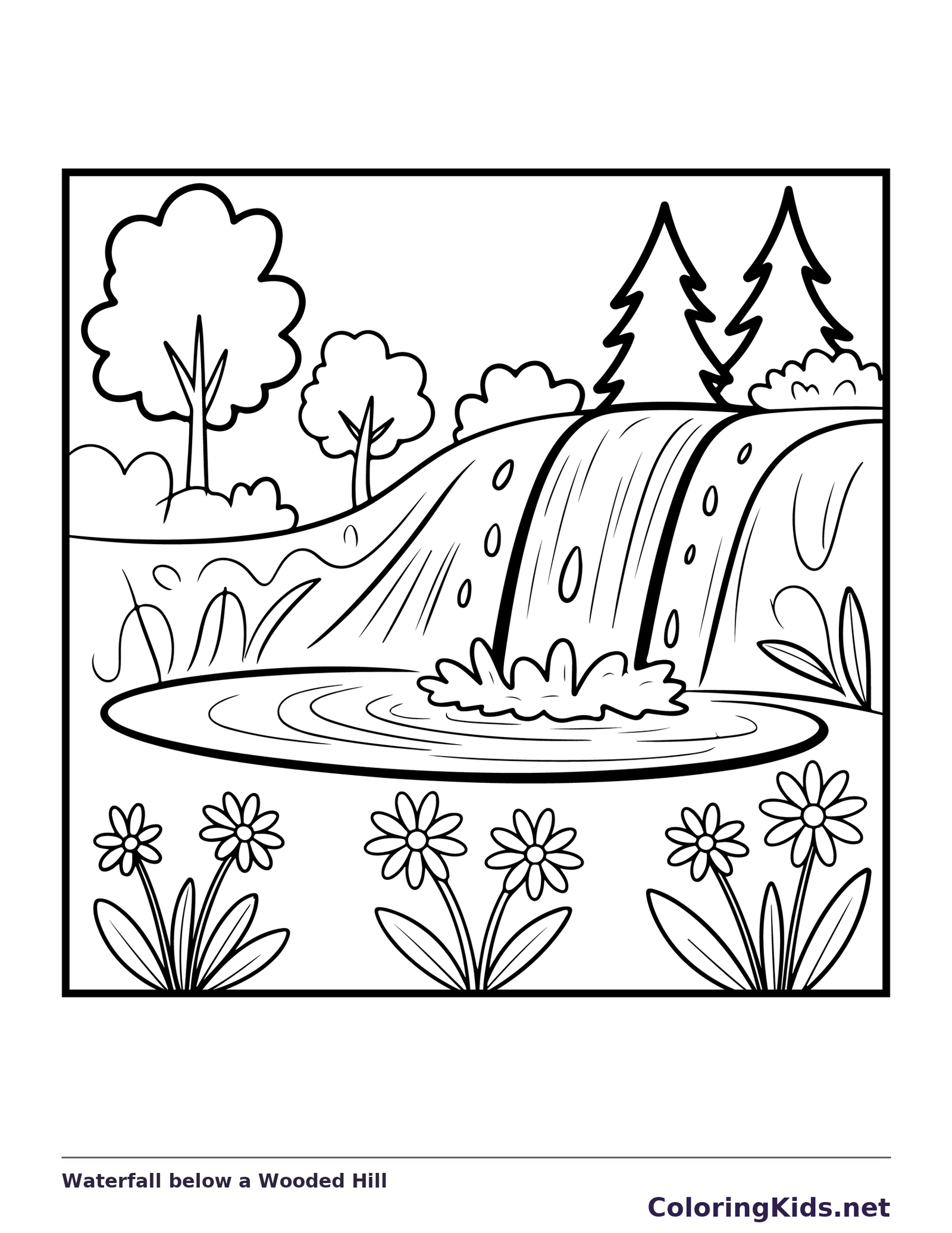 Black and white printable waterfall below a wooded hill coloring sheet