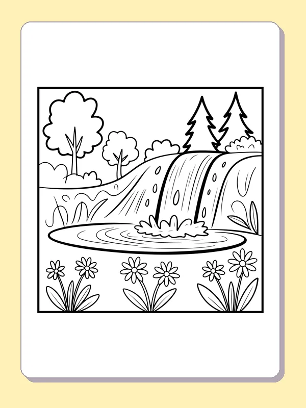 Black and white printable waterfall below a wooded hill coloring sheet