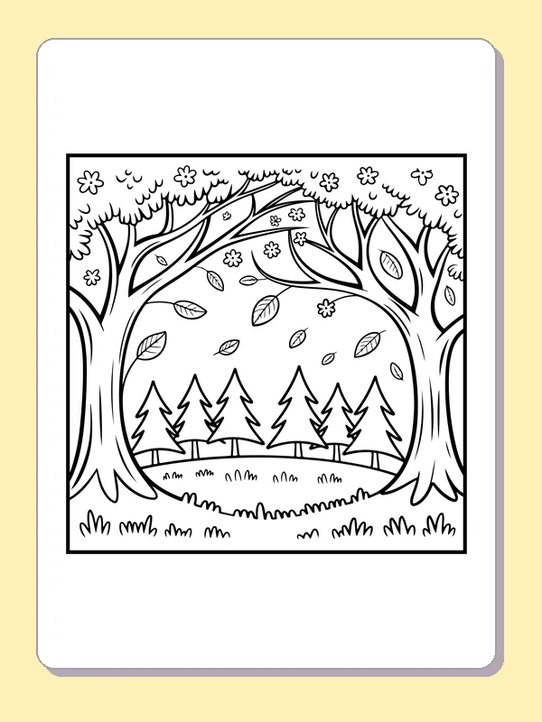 Black and white printable woodland arch of leaves coloring sheet