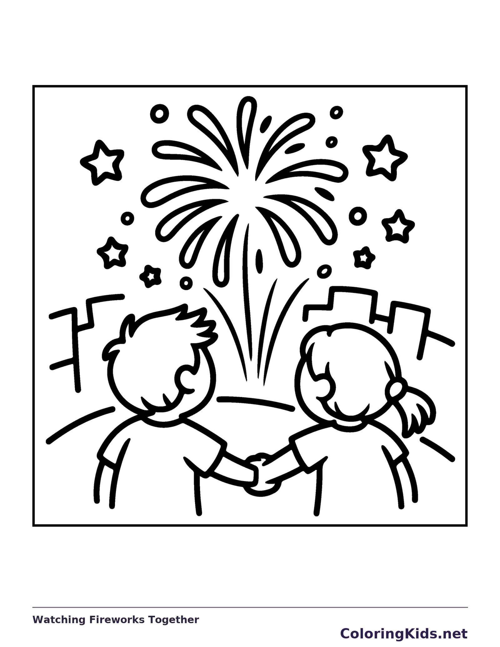 Watching Fireworks Together coloring page: black and white line art to print or color online