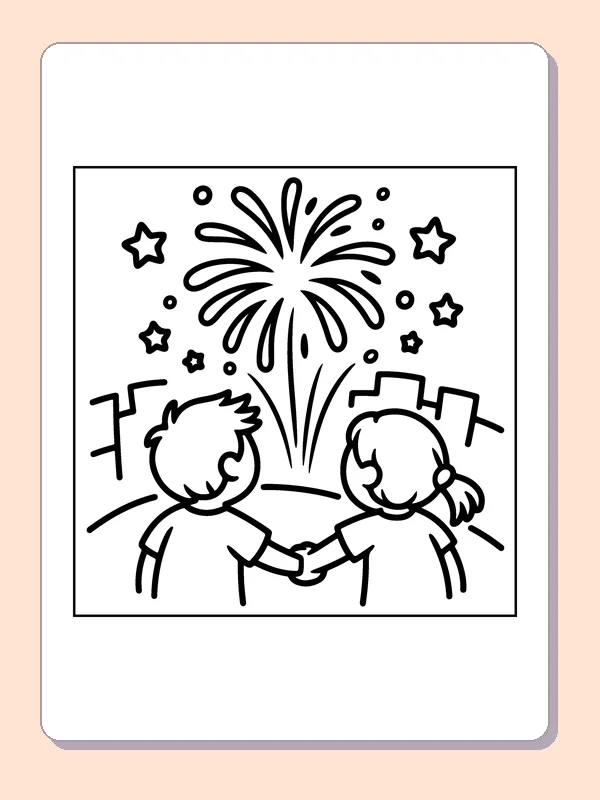 Watching Fireworks Together coloring page: black and white line art to print or color online
