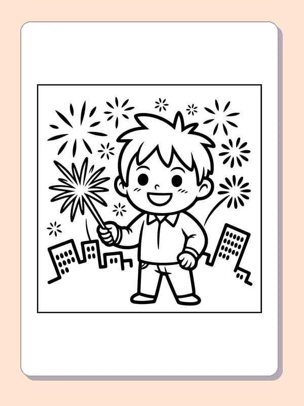 Boy Watching City Fireworks coloring page: black and white line art to print or color online