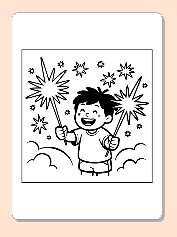 Boy among Sparkling Stars coloring page: black and white line art to print or color online
