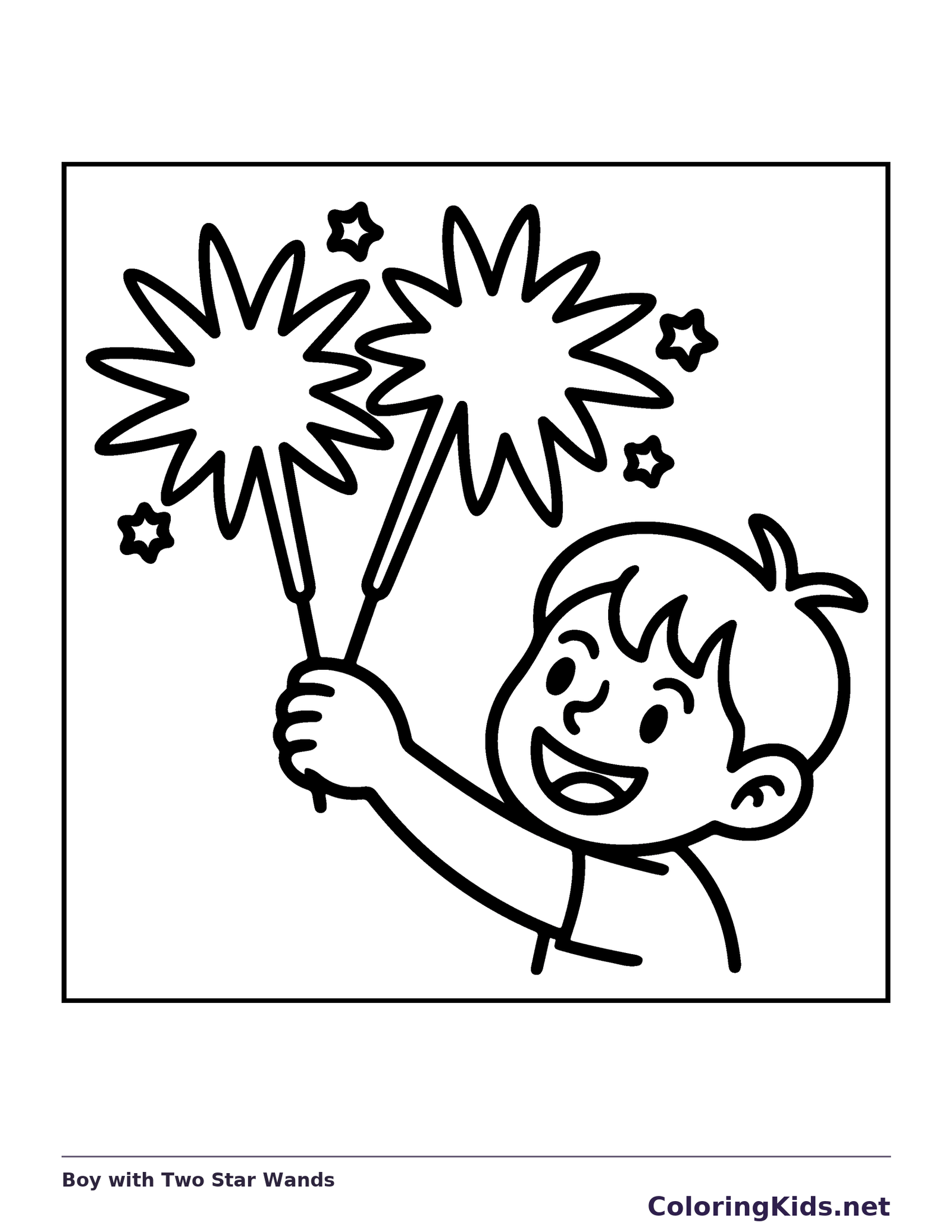 Boy with Two Star Wands coloring page: black and white line art to print or color online
