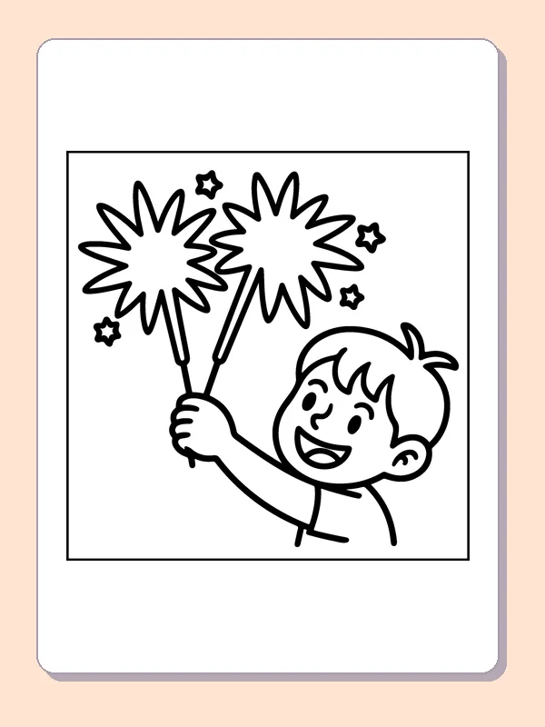 Boy with Two Star Wands coloring page: black and white line art to print or color online