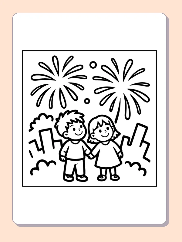 Two Friends at a City Celebration coloring page: black and white line art to print or color online
