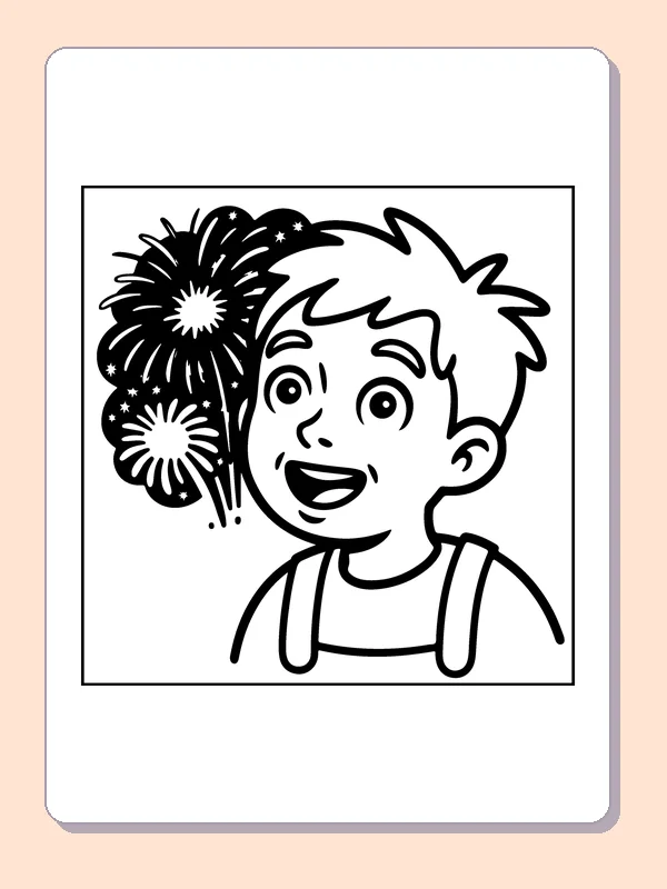 Fireworks beside a Boy coloring page: black and white line art to print or color online