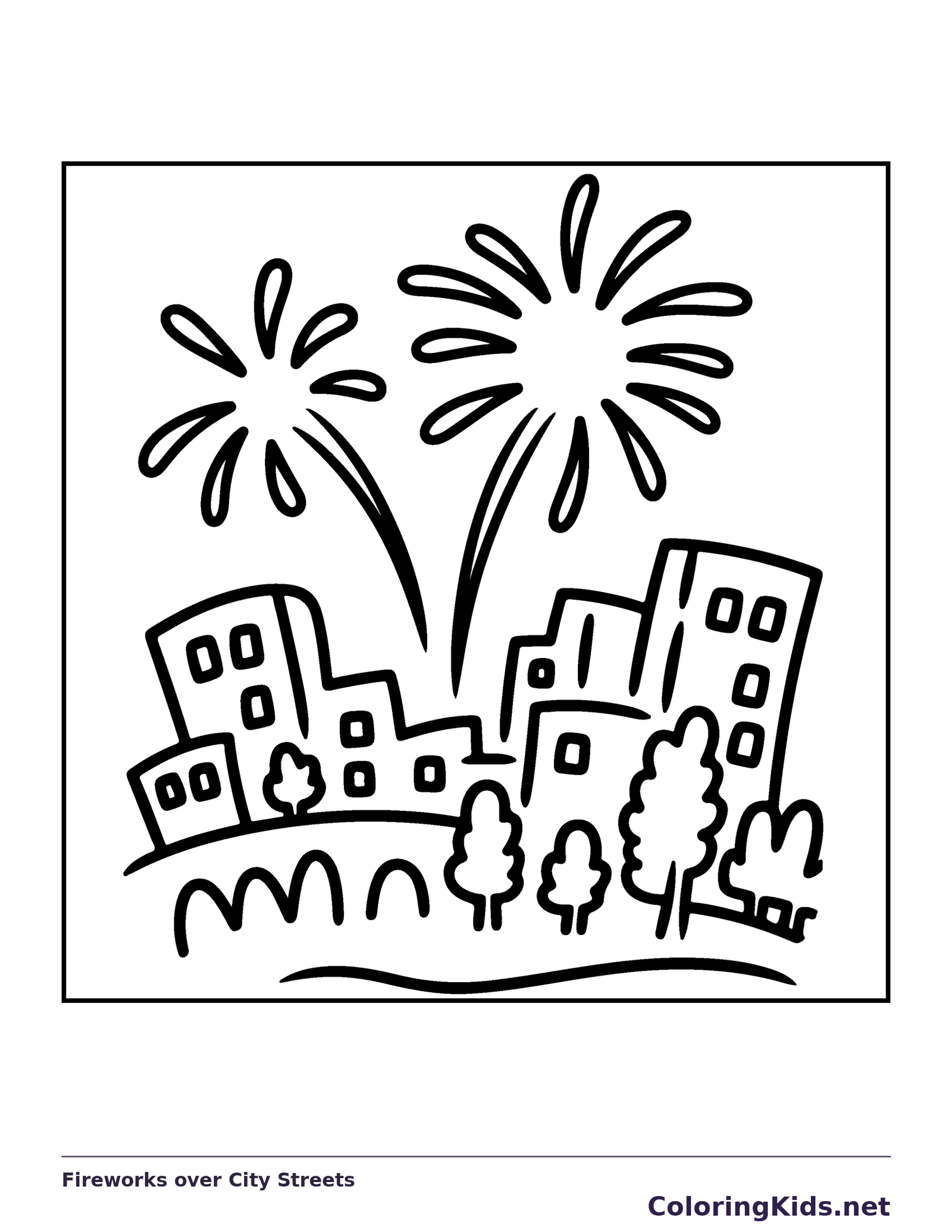 Fireworks over City Streets coloring page: black and white line art to print or color online