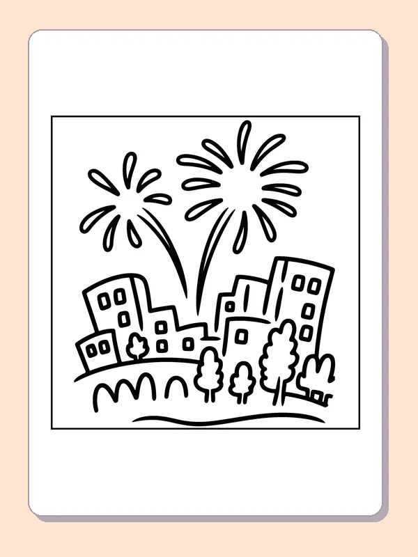 Fireworks over City Streets coloring page: black and white line art to print or color online
