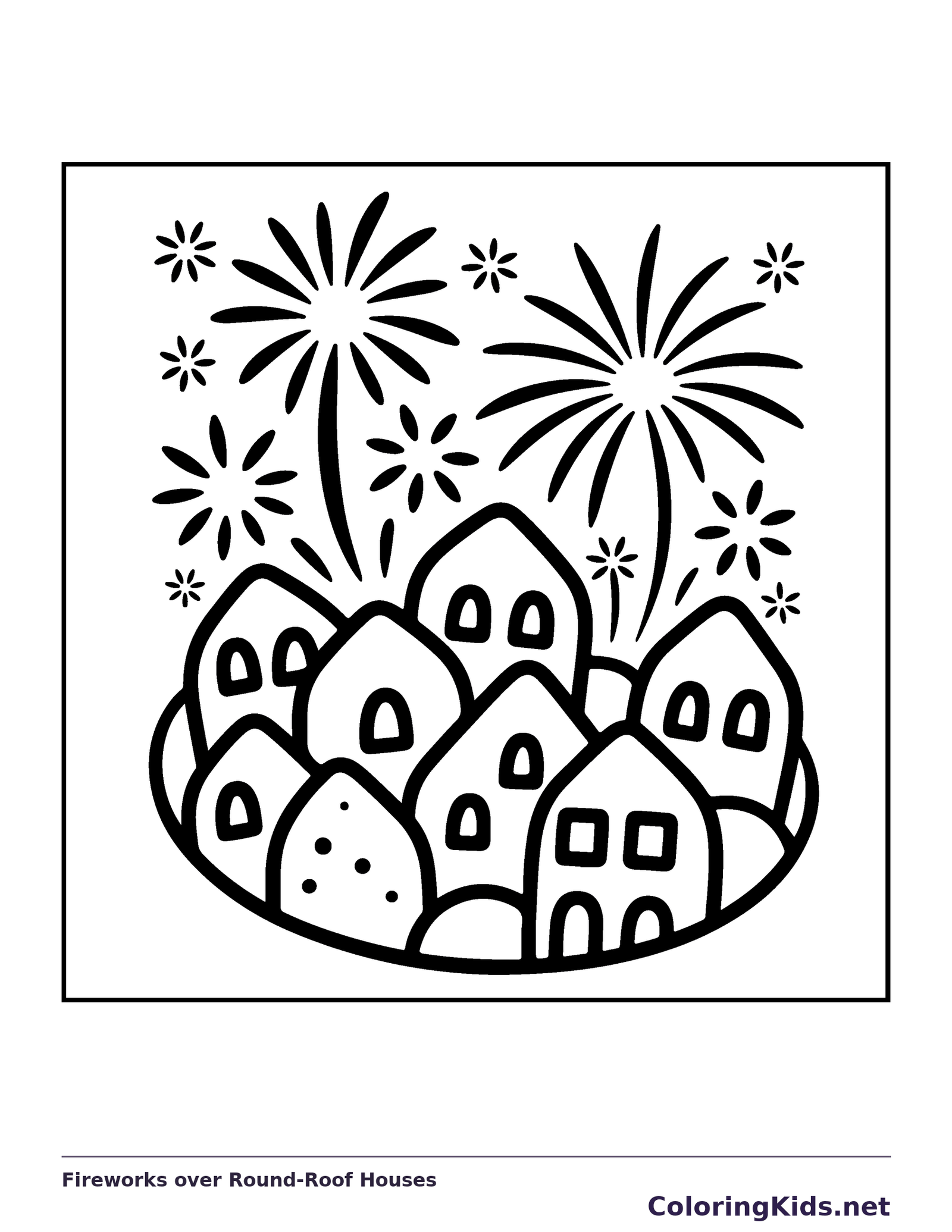 Fireworks over Round-Roof Houses coloring page: black and white line art to print or color online
