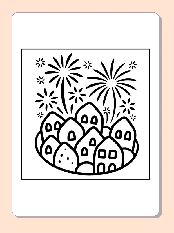 Fireworks over Round-Roof Houses coloring page: black and white line art to print or color online