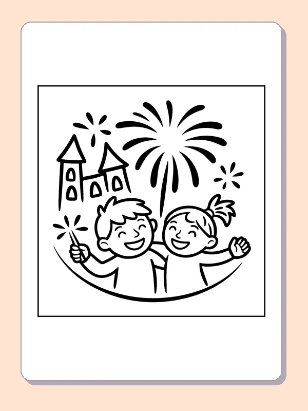 Friends beneath Fireworks coloring page: black and white line art to print or color online
