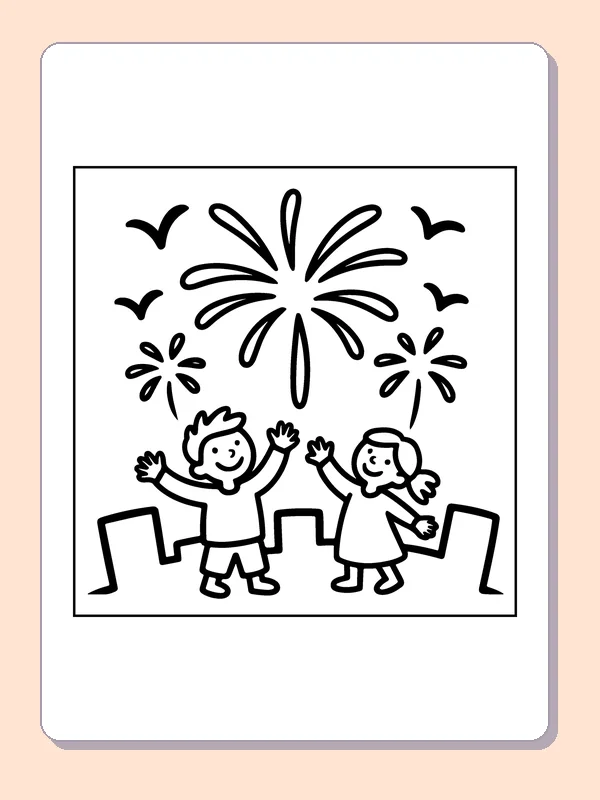 Friends beneath Three Fireworks coloring page: black and white line art to print or color online