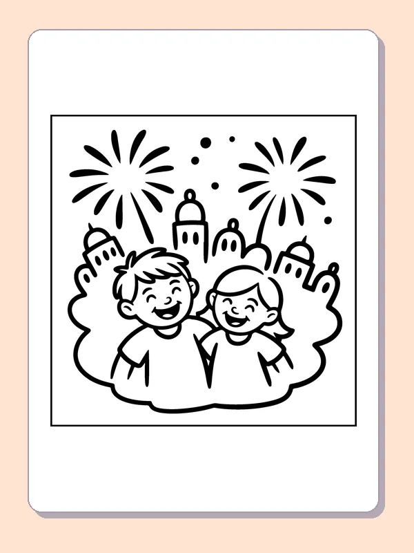 Friends by the City Towers coloring page: black and white line art to print or color online