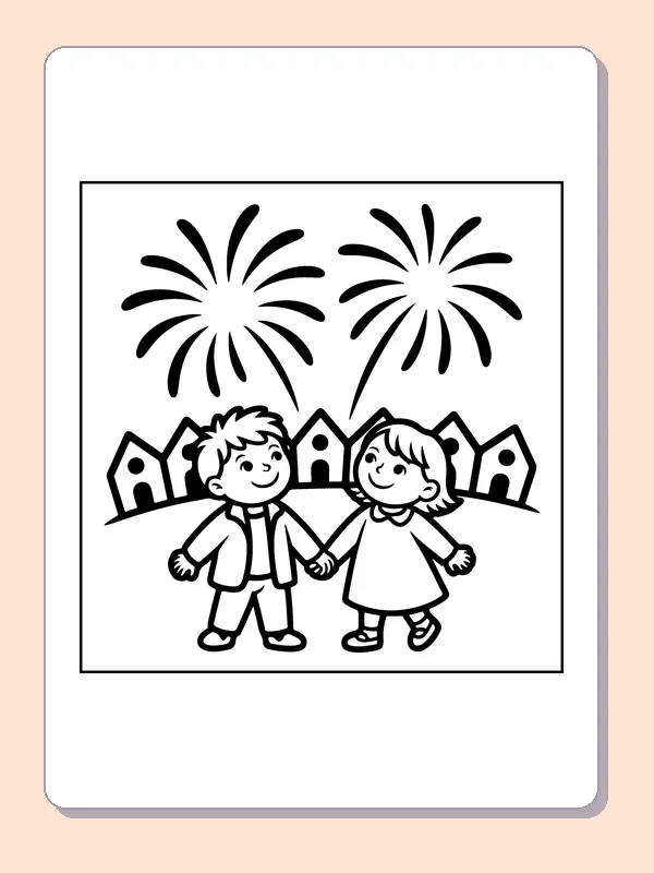 Friends in a Fireworks Village coloring page: black and white line art to print or color online