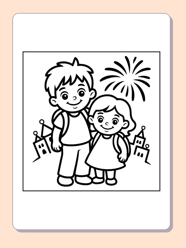 Friends with Backpacks coloring page: black and white line art to print or color online