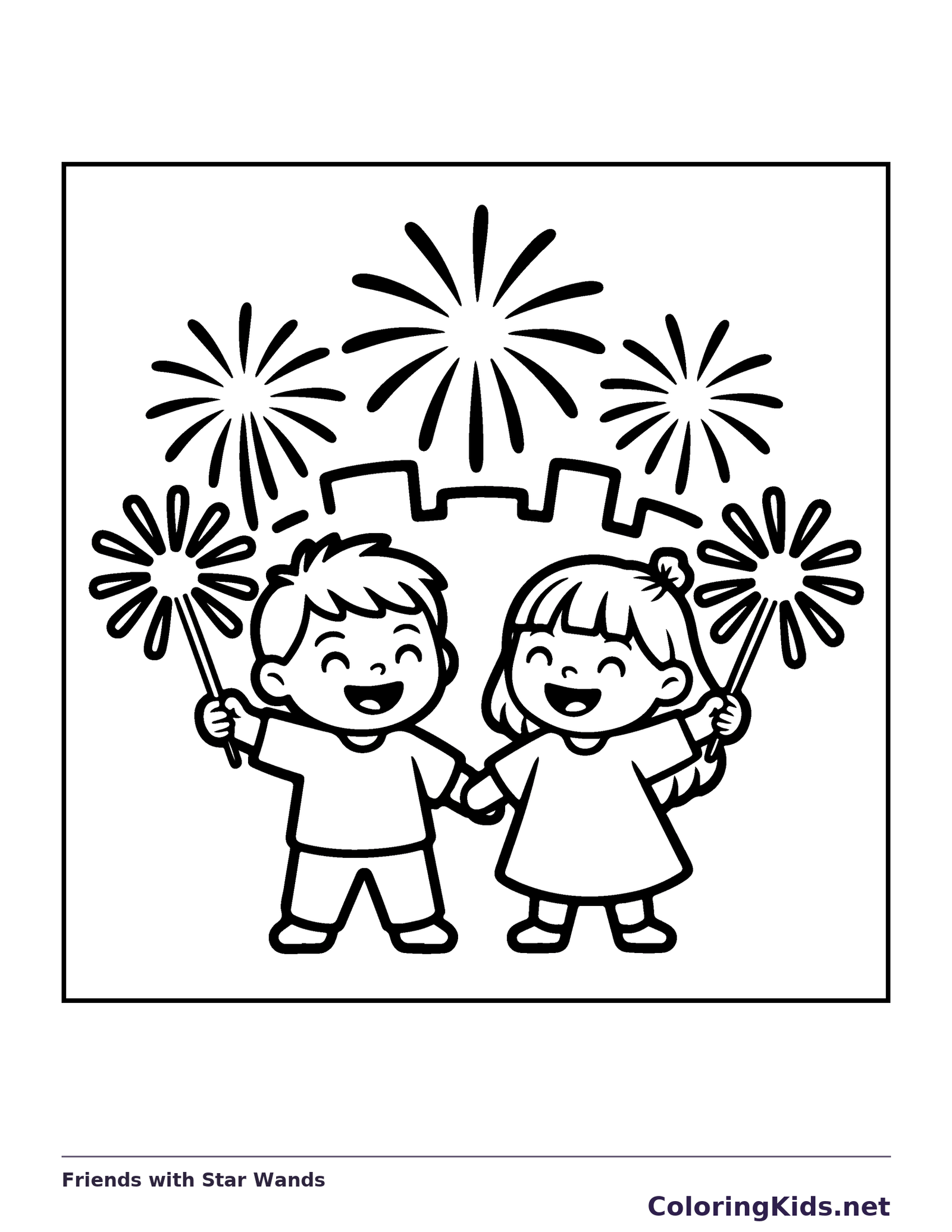 Friends with Star Wands coloring page: black and white line art to print or color online