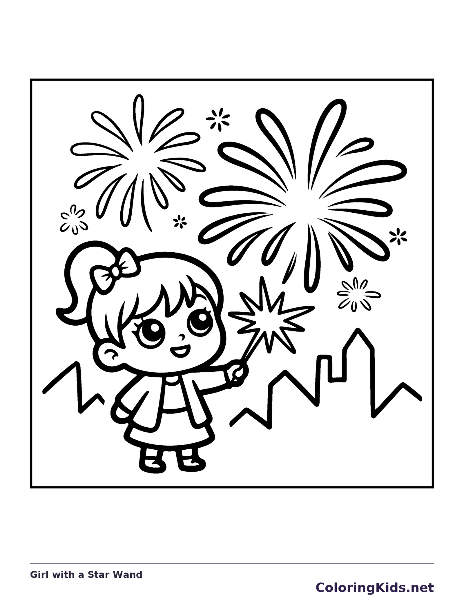 Girl with a Star Wand coloring page: black and white line art to print or color online