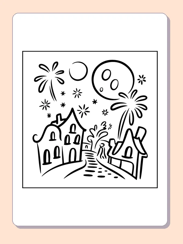Fireworks over a Moonlit Village coloring page: black and white line art to print or color online