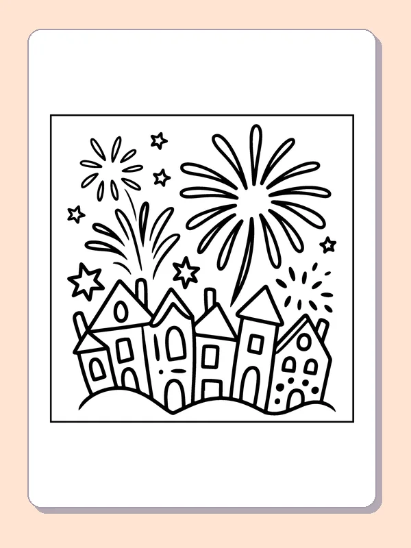 Row Houses under Fireworks coloring page: black and white line art to print or color online