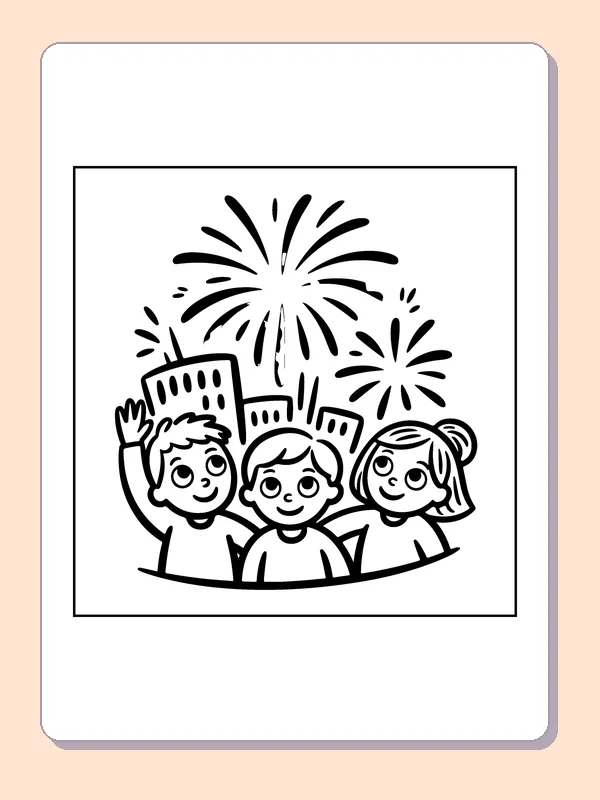 Three Friends beneath the Fireworks coloring page: black and white line art to print or color online