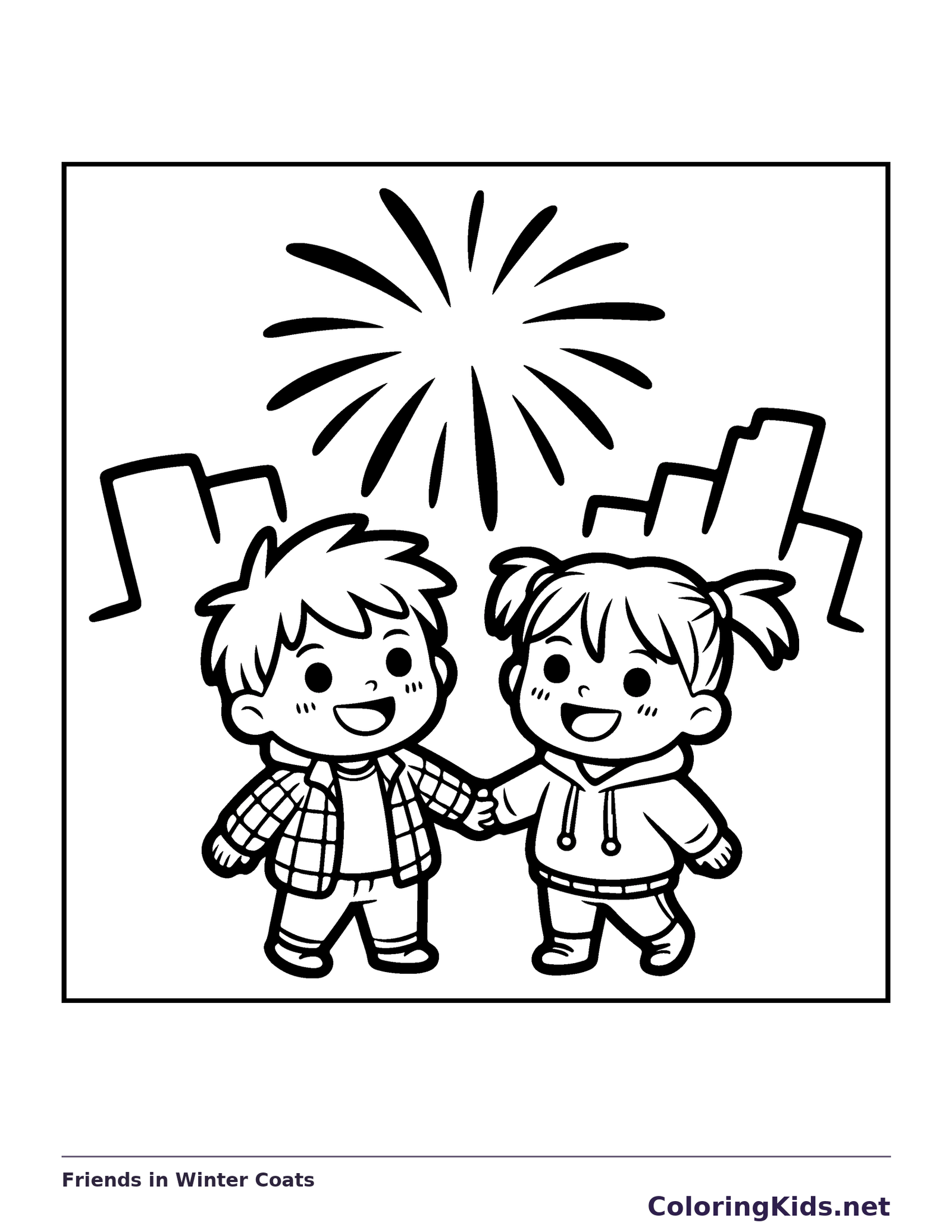 Friends in Winter Coats coloring page: black and white line art to print or color online