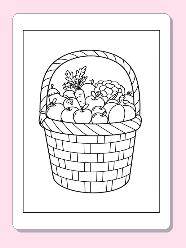 Woven basket filled to the top with assorted fruit and vegetables