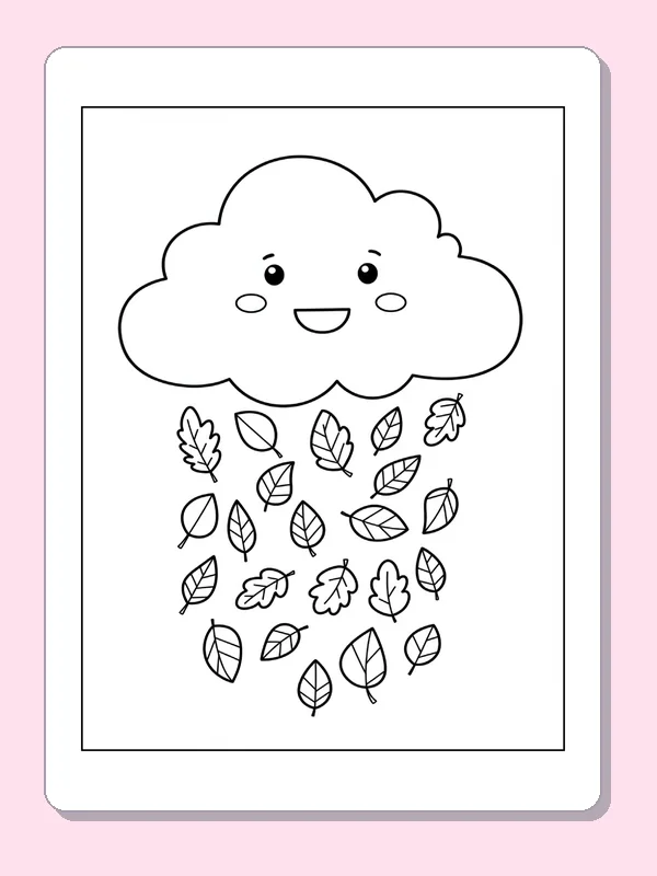 Smiling cloud above a loose cluster of falling leaves