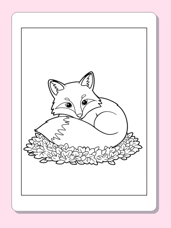 Curled fox resting on a dense bed of small autumn leaves