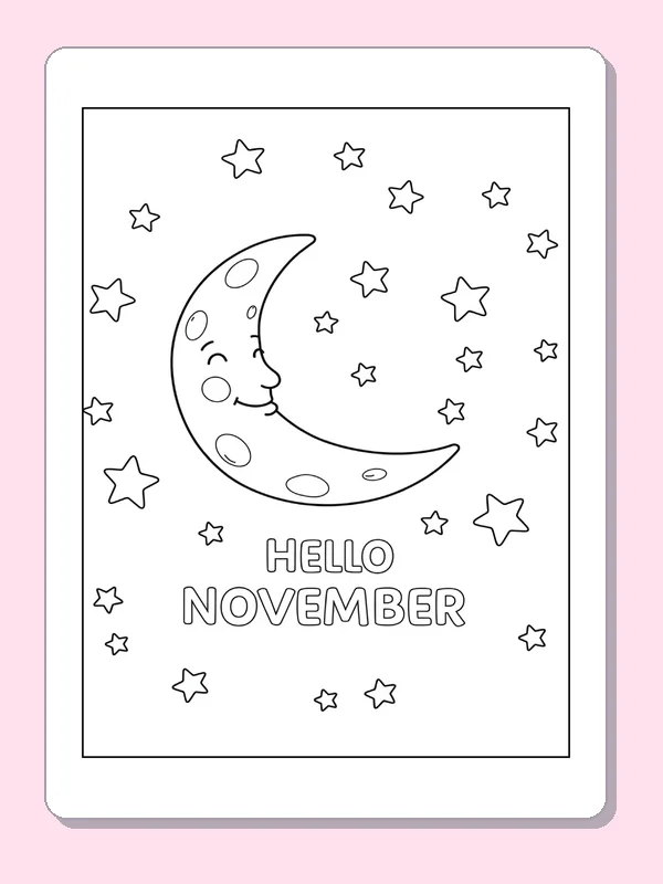 Smiling crescent moon, scattered stars and HELLO NOVEMBER words