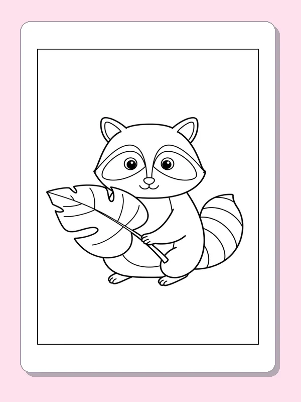 Seated cartoon raccoon holding a large leaf with both paws