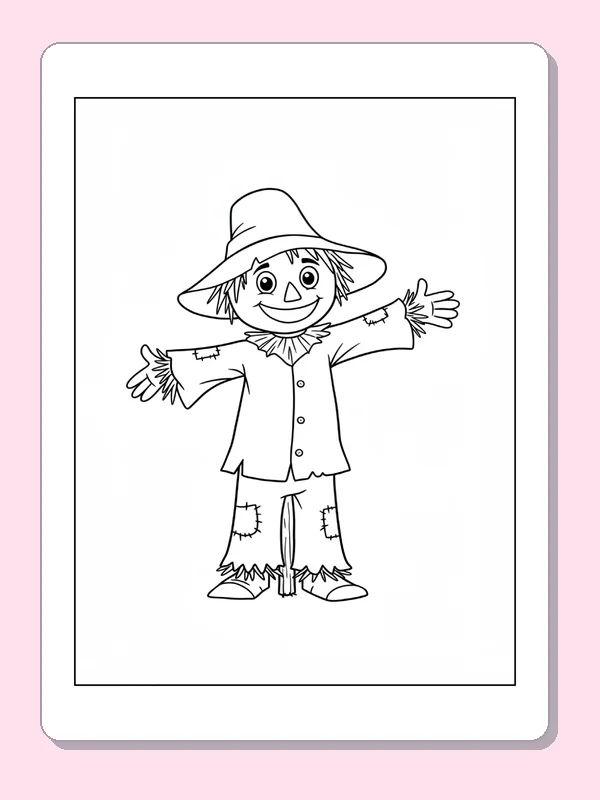 Smiling scarecrow standing alone with arms stretched outward