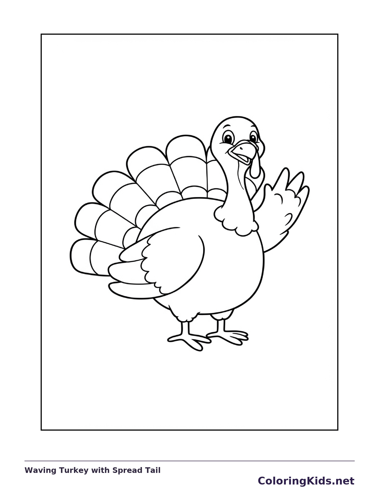 Cartoon turkey waving a wing beside its spread tail