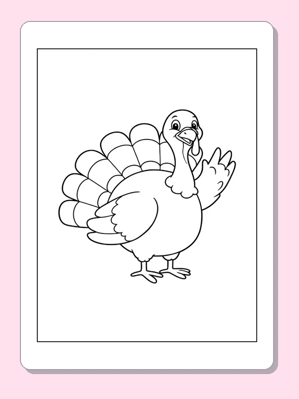 Cartoon turkey waving a wing beside its spread tail