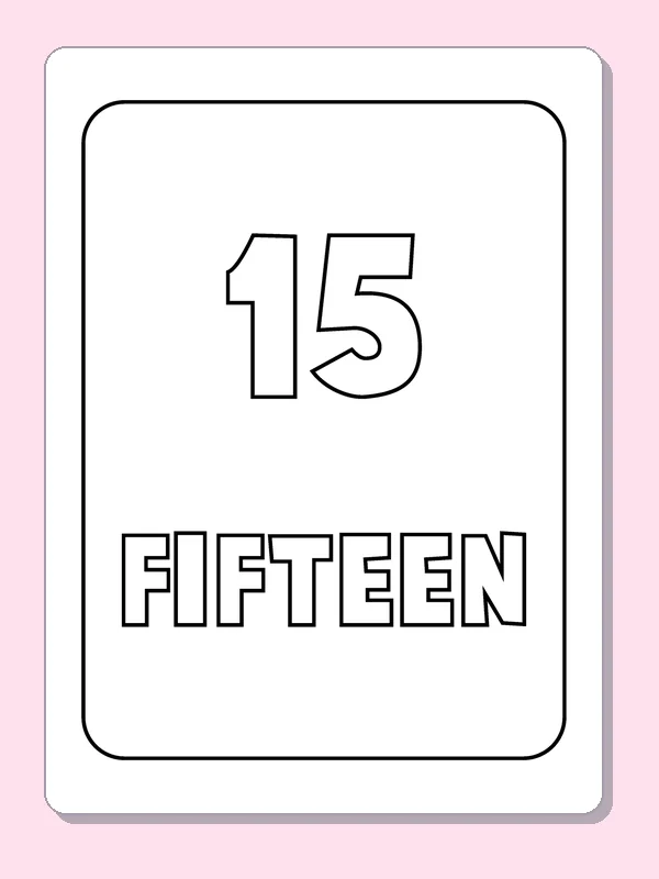 Number 15 and Fifteen coloring page, black and white printable line art with numerals