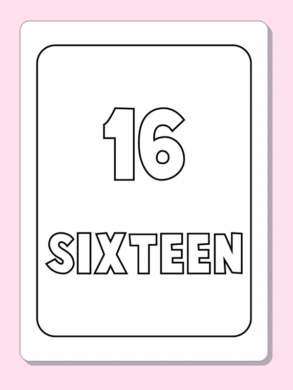 Number 16 and Sixteen coloring page, black and white printable line art with numerals