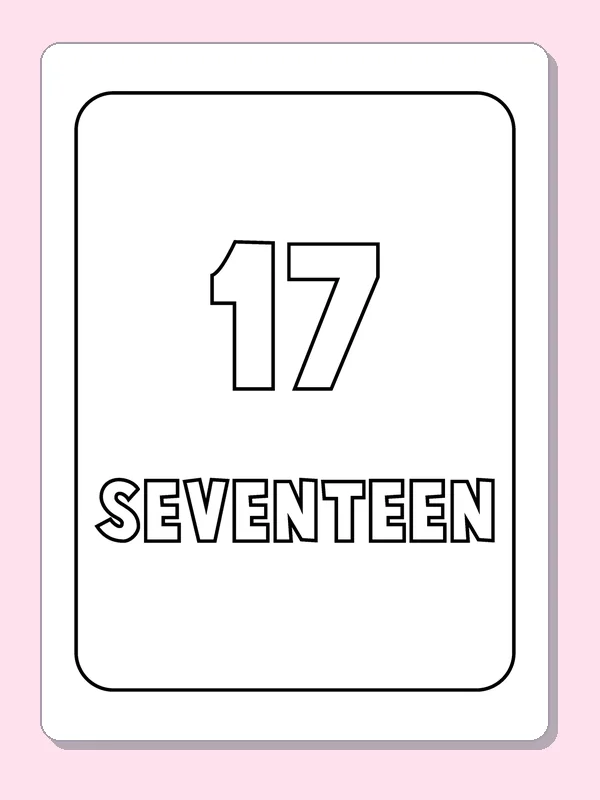 Number 17 and Seventeen coloring page, black and white printable line art with numerals