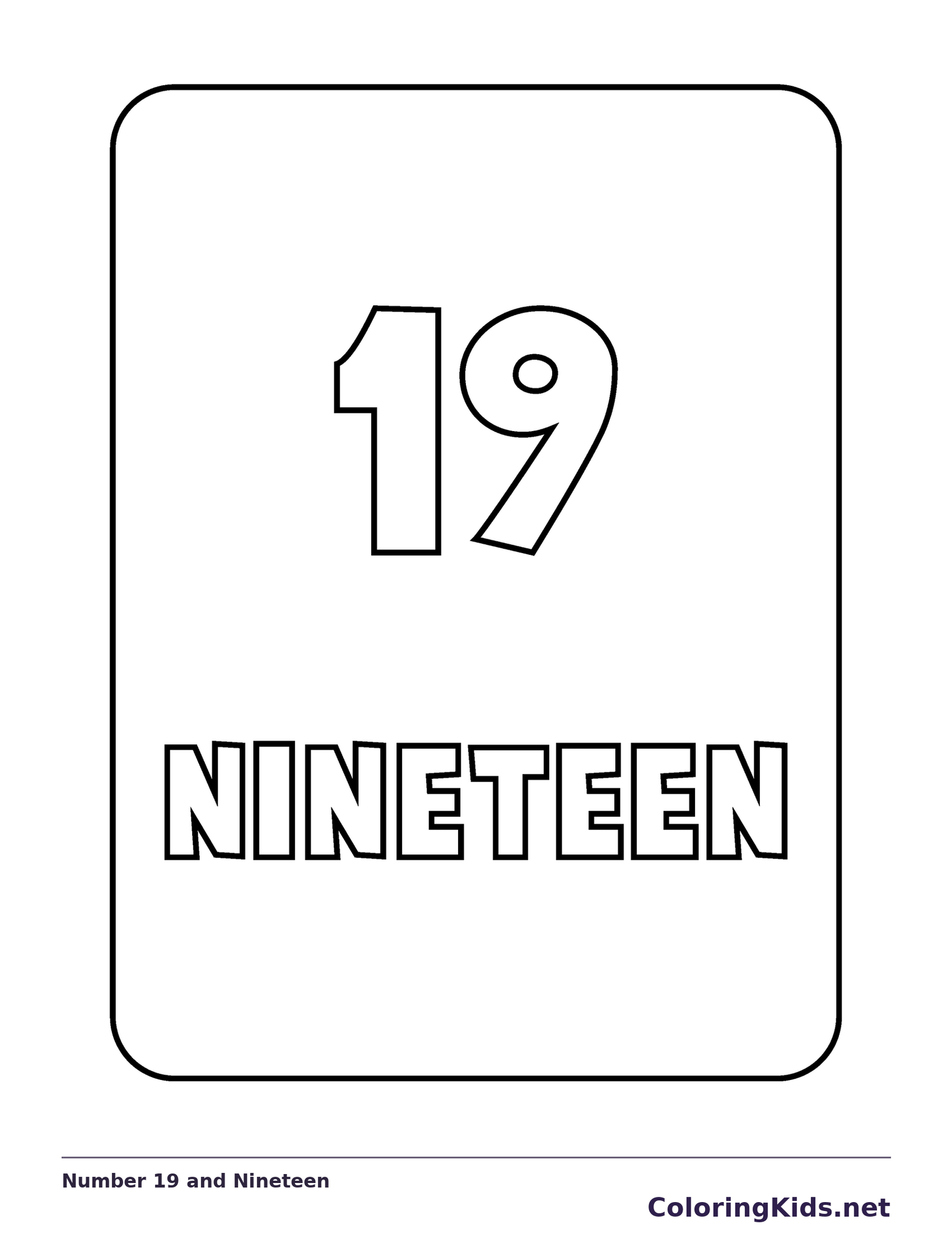 Number 19 and Nineteen coloring page, black and white printable line art with numerals