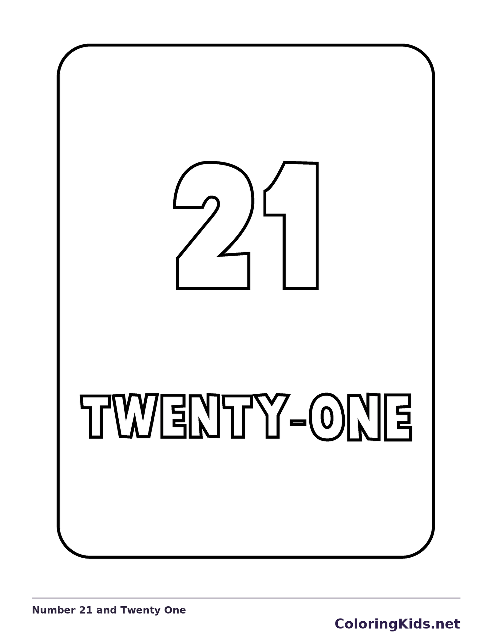 Number 21 and Twenty One coloring page, black and white printable line art with numerals