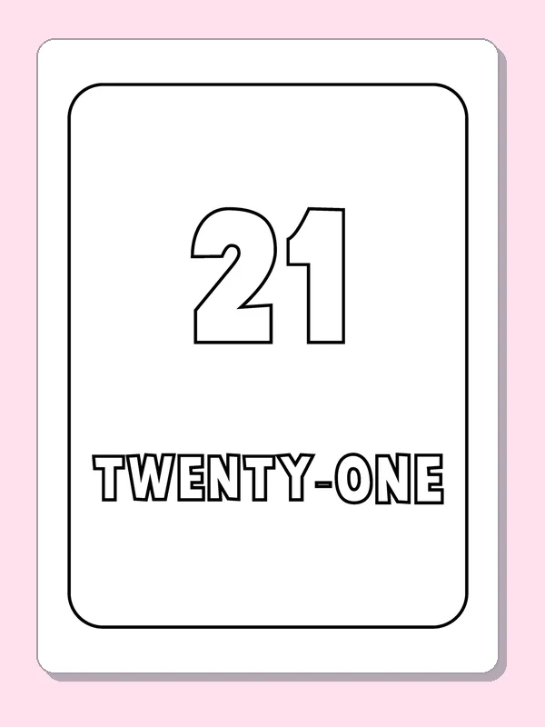 Number 21 and Twenty One coloring page, black and white printable line art with numerals