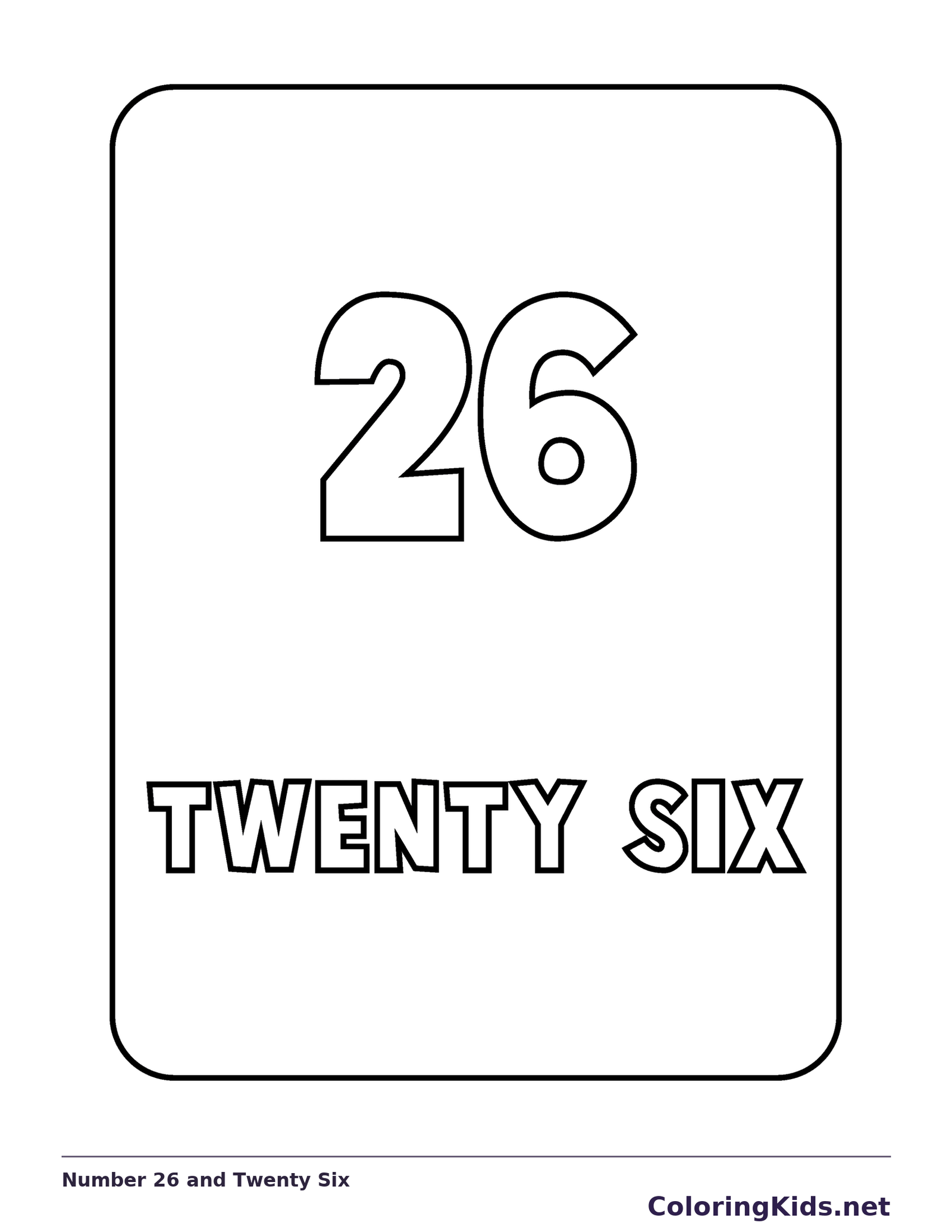Number 26 and Twenty Six coloring page, black and white printable line art with numerals