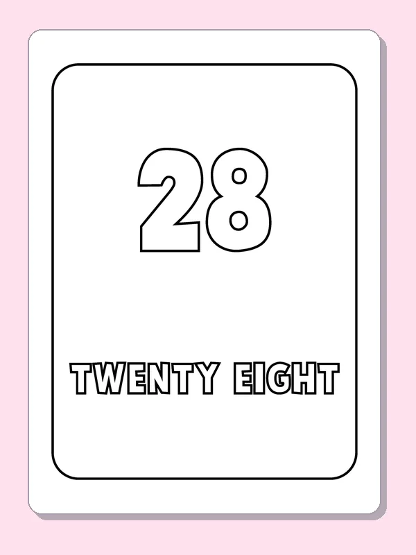 Number 28 and Twenty Eight coloring page, black and white printable line art with numerals