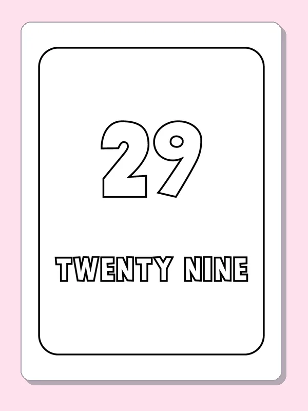 Number 29 and Twenty Nine coloring page, black and white printable line art with numerals