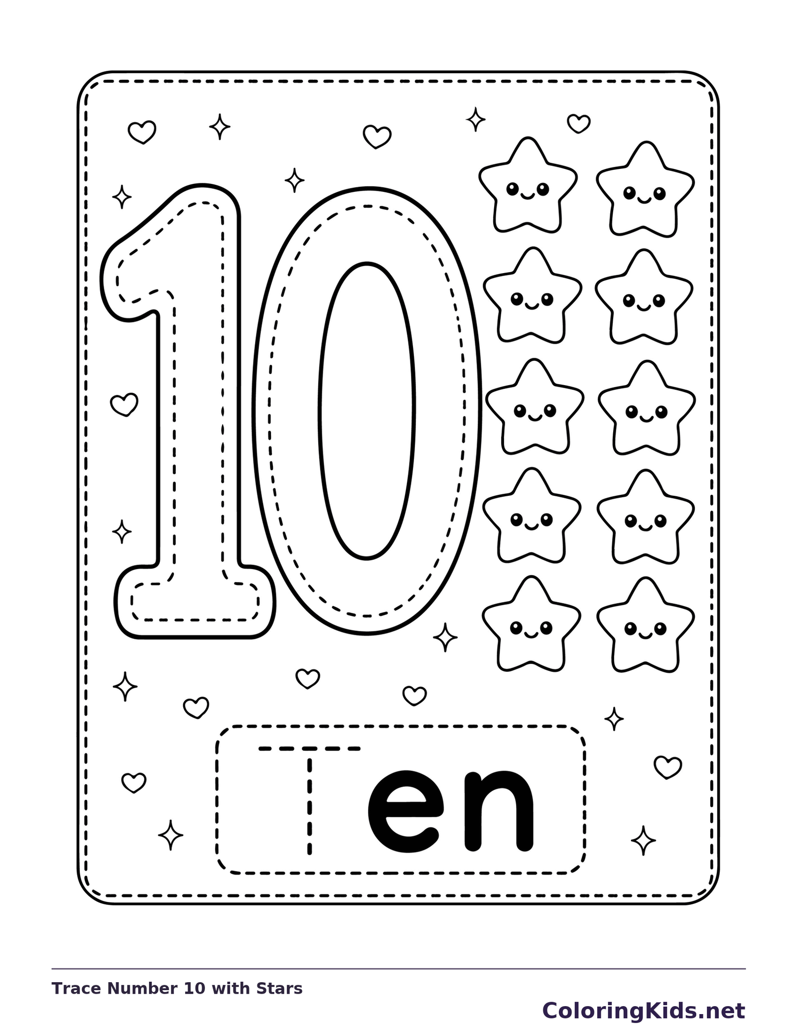 Trace Number 10 with Stars coloring page, black and white printable line art with tracing