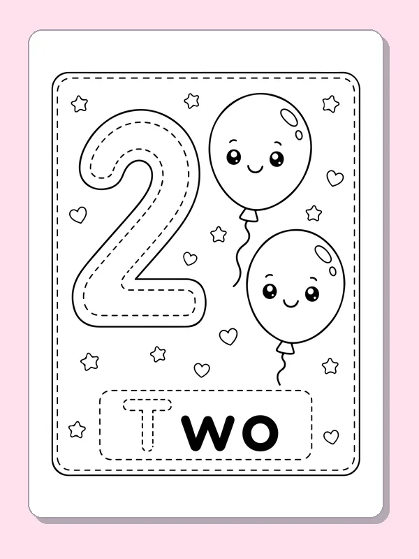 Trace Number 2 with Balloons coloring page, black and white printable line art with tracing